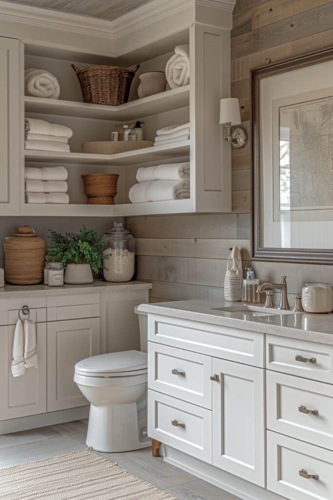 a bathroom showcasing Hidden Storage Solutions. The image should feature shelves mounted above the toilet, under-sink cabinets, and decorative baskets for towels and toiletries. The design should emphasize smart storage solutions that keep the bathroom organized and clutter-free, while also adding stylish elements that enhance the overall decor