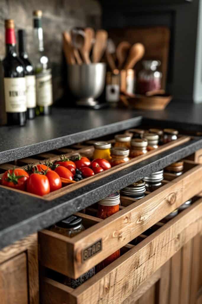 Hidden Storage Solutions integrated into black granite countertops. The image should showcase innovative storage options like pop-up spice racks, appliance garages, or pull-out drawers. These solutions should maintain a clutter-free and sleek aesthetic, offering smart and seamless storage options that enhance the modern look of the kitchen