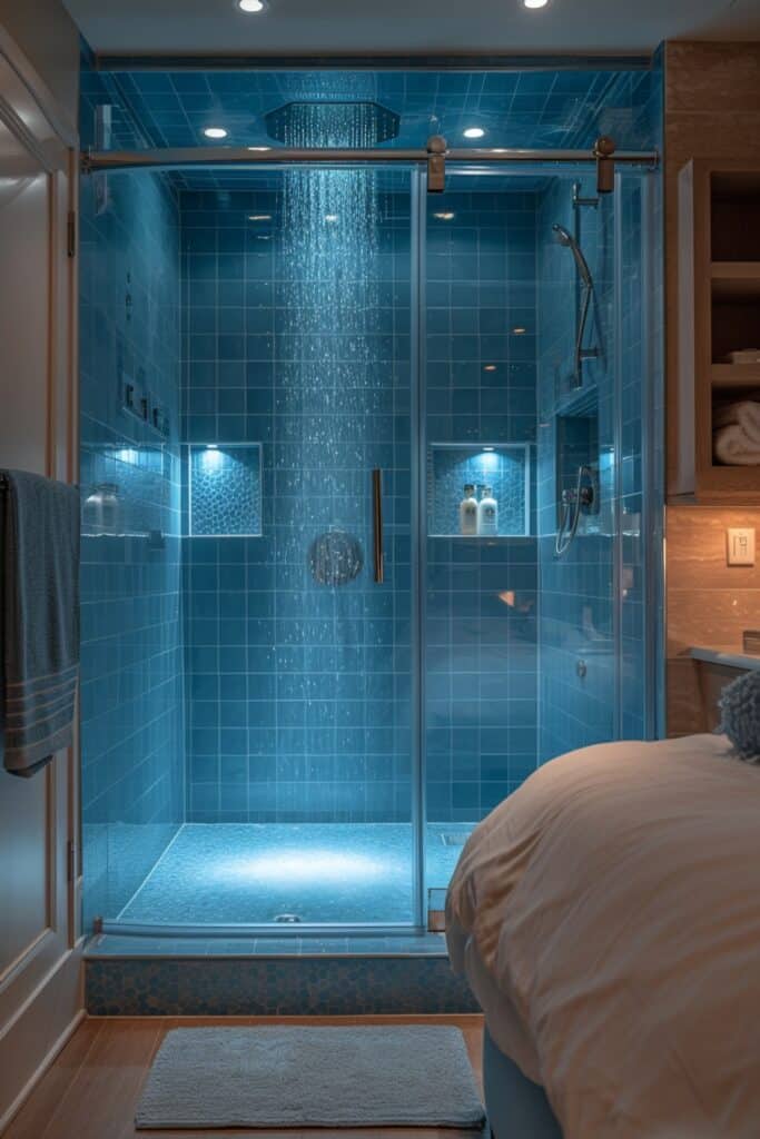 High-tech small bathroom with a walk-in shower featuring smart controls, LED lighting, and a rainfall shower head