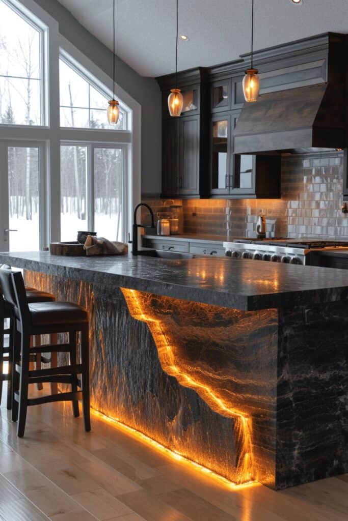 kitchen featuring an Illuminated Waterfall Island. The image should capture the soft glow of integrated LED lighting casting a warm ambiance on the black granite's texture. The illuminated island should serve as a stunning centerpiece, adding both aesthetic and functional value to the kitchen. The lighting should enhance visibility and contribute to the kitchen's overall inviting and stylish atmosphere
