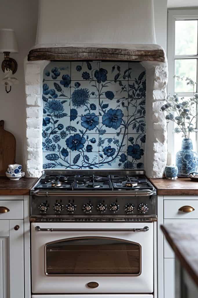 a cozy kitchen featuring Russian Gzhel tile art, blue and white floral designs, traditional patterns, adding a touch of Slavic folk art, complemented by warm wooden furniture and accents