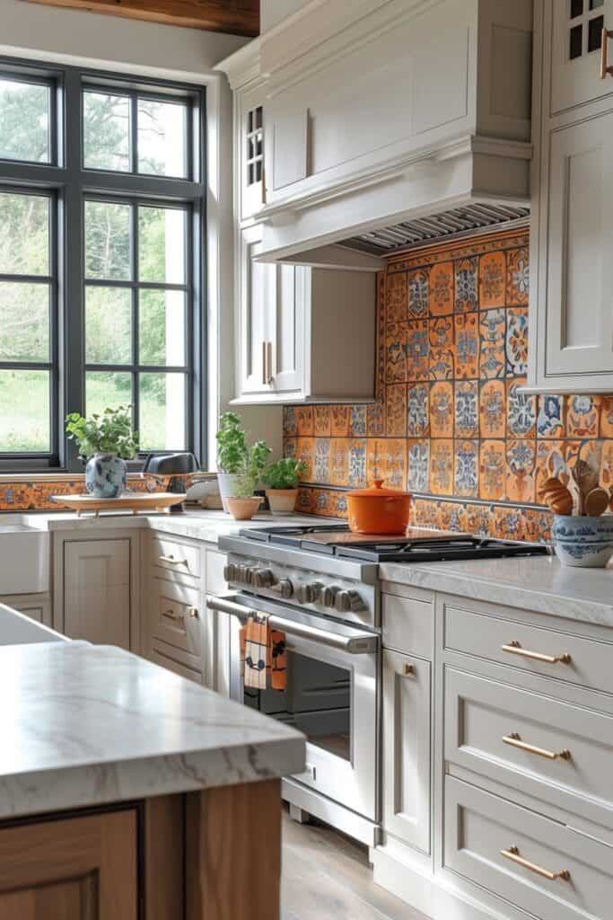 a rustic kitchen featuring Moroccan Zellige tiles with unique glazing, showcasing irregular shapes and a glossy, handcrafted finish, earthy tones like terracotta and olive, creating an authentically warm and traditional Moroccan atmosphere