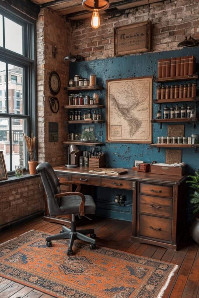Industrial chic loft office with exposed brick wall, metal and wood desk, and Edison bulb lighting