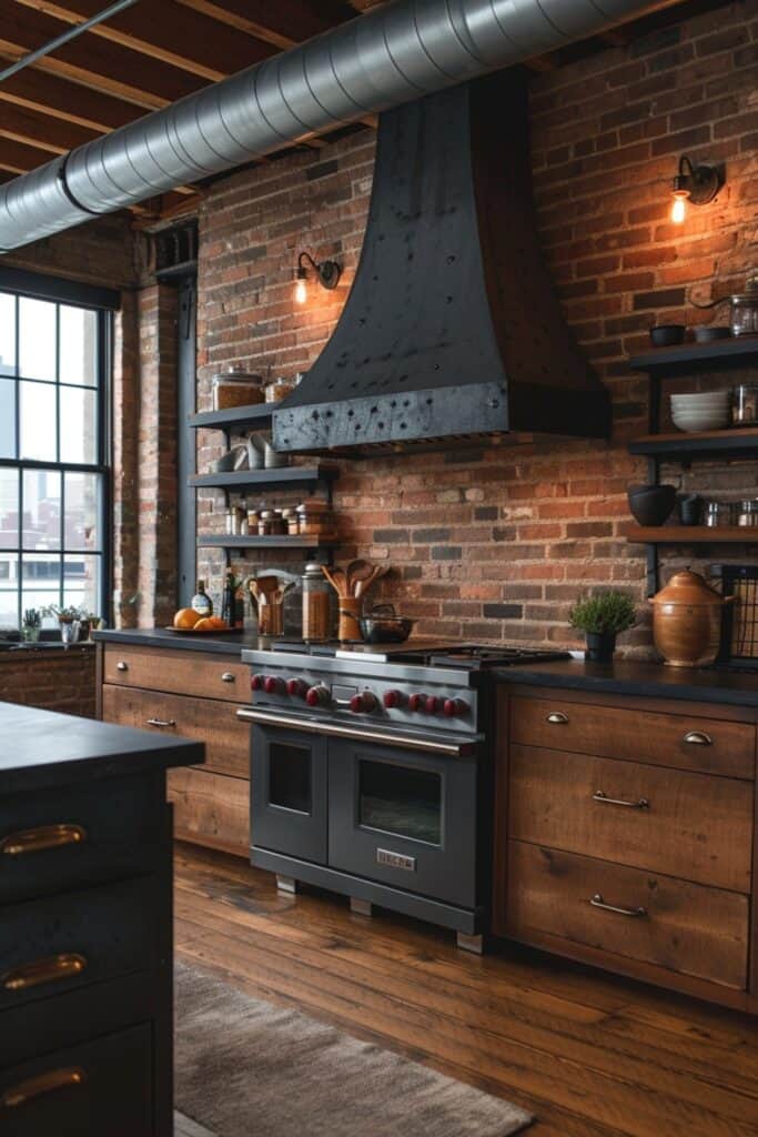 kitchen featuring Industrial Chic with Exposed Brick. The image should capture the striking juxtaposition of textures with black granite countertops against exposed brick walls. This combination should evoke a sense of urban grit and historical charm. The rustic brick against the sleek granite should offer a captivating visual narrative, blending old and new elements in a storytelling design