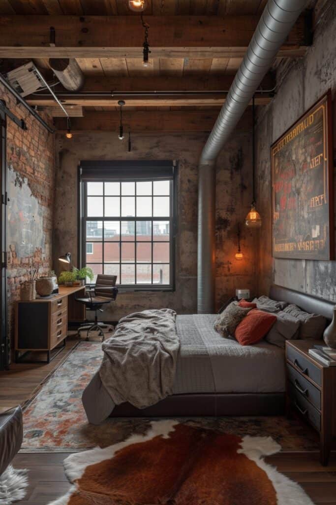 urban bedroom with industrial and modern design elements. Include exposed pipes, subway tile, concrete finishes, black framed windows, steel beams, sleek furnishings, and a muted color scheme centered around charcoal grey. Accentuate with a sculptural arc floor lamp, midcentury-style desk, cowhide rug, and vibrant artwork