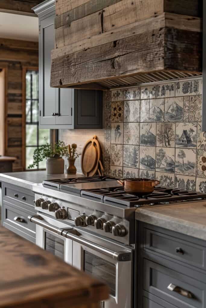 a warm kitchen featuring Swiss Alps inspired ceramic tiles, mountain and nature scenes, colors mimicking alpine environments, creating a cozy, chalet-like feel, complemented by wooden furniture and warm lighting