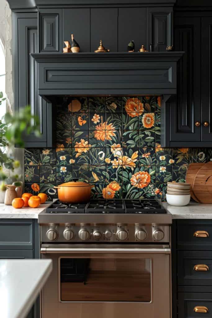 an adventurous kitchen with Brazilian ceramic tiles, Amazon-inspired patterns, vivid colors and natural motifs, bringing the vibrancy and richness of the Amazon rainforest into the kitchen space