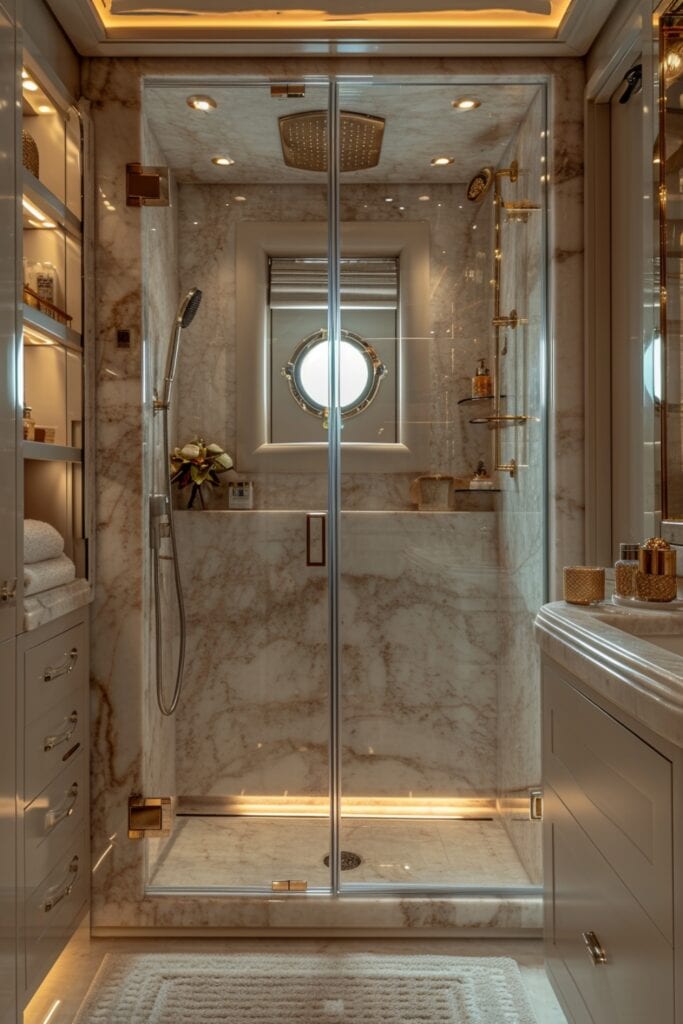 Luxurious small bathroom with a marble walk-in shower, gold accents, and frameless glass door
