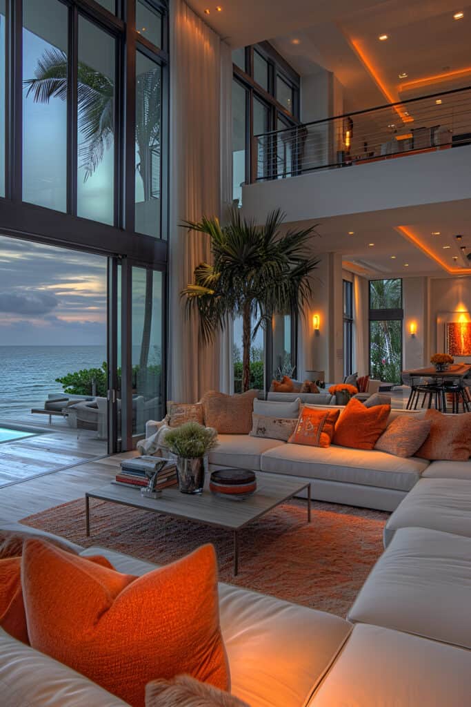 Luxurious beach house living room with opulent decor and panoramic ocean views.