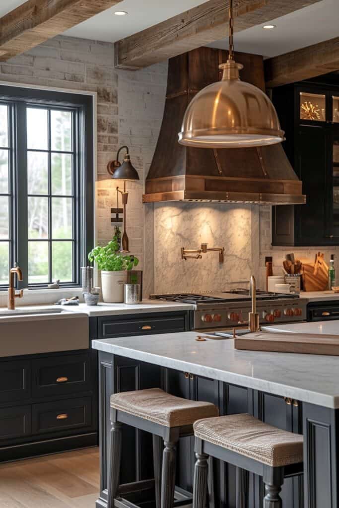 kitchen with Warm Metals Accent, featuring copper or brass handles, pendant lights, or faucet fixtures. The picture should convey a sense of luxury and sophistication, with a mix of metal finishes creating a layered, personalized look, enhancing the kitchen's overall design