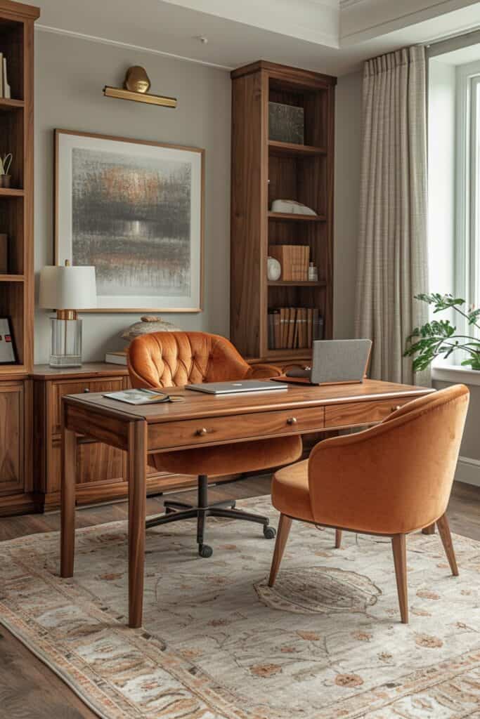 Mid-century modern home office with a walnut desk, retro chair, and brass accents