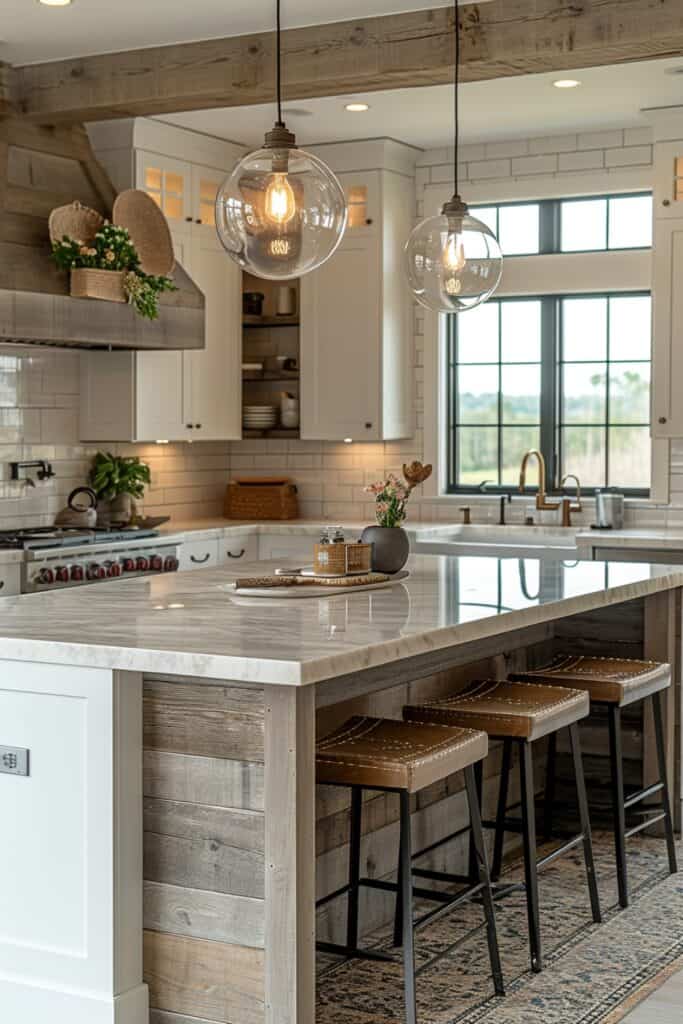 Modern coastal farmhouse kitchen with a large marble-topped island, industrial bar stools, and pendant lighting