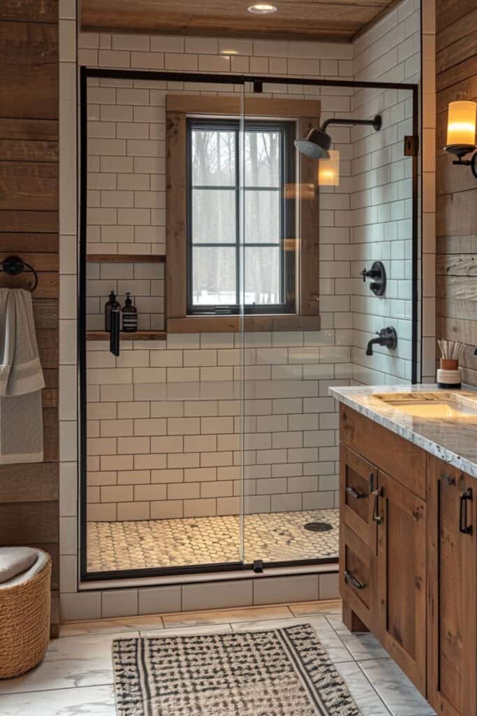 Modern farmhouse style walk-in shower in a small bathroom with subway tiles and a wooden vanity