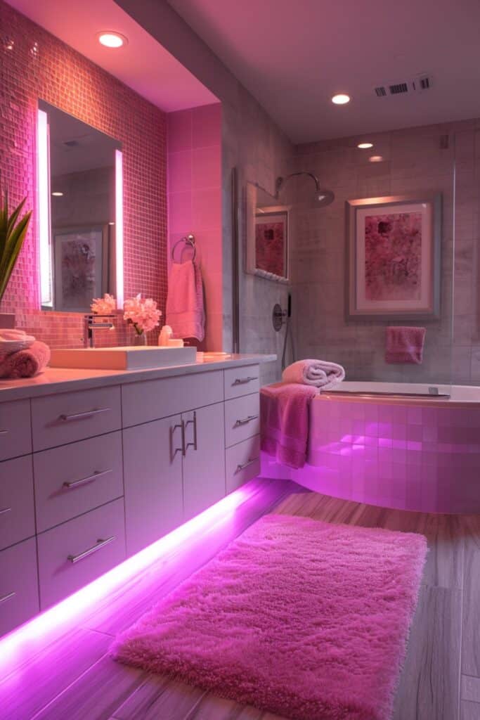 a bathroom illuminated by Mood Lighting Magic, with color-changing LED strips installed behind mirrors, under bathtubs, or around vanities. The lighting should create a dynamic and mood-enhancing atmosphere, perfect for relaxing or energizing, and adding a contemporary touch to the bathroom