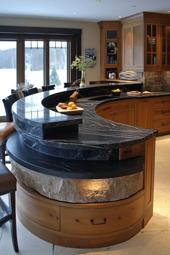 kitchen displaying Multi-Level Black granite Countertop Drama. The image should present a design with varying heights for the island, peninsula, or breakfast bar, creating a dynamic and functional workspace. The multi-level design should add visual interest and dimension to the kitchen, showcasing an architectural marvel that enhances both the kitchen's aesthetics and its practicality