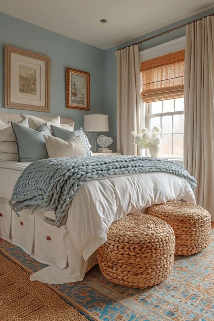 small master bedroom with multifunctional furniture. Include storage beds and ottomans with lift-top lids, an open bookcase used as a room divider, and a narrow console table behind the bed in place of bulky nightstands. Furnishings should be designed to serve more than one purpose, making tight quarters feel smartly utilized