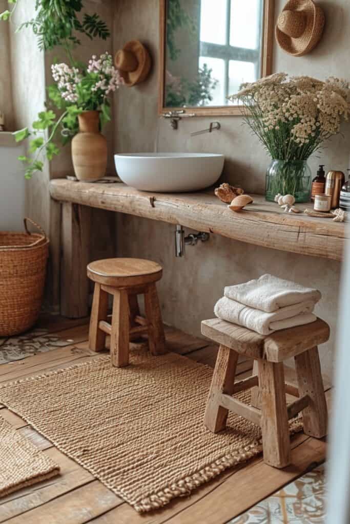 a bathroom embodying a Natural Materials Mix theme. Imagine a space filled with woven baskets for storage, adding a touch of rustic elegance. Wooden stools should be strategically placed, and the area should be adorned with seashells or pebbles collected from various adventures. The decor should celebrate the beauty of natural elements, creating an atmosphere that is both tranquil and earthy, harmoniously blending functionality with natural aesthetics