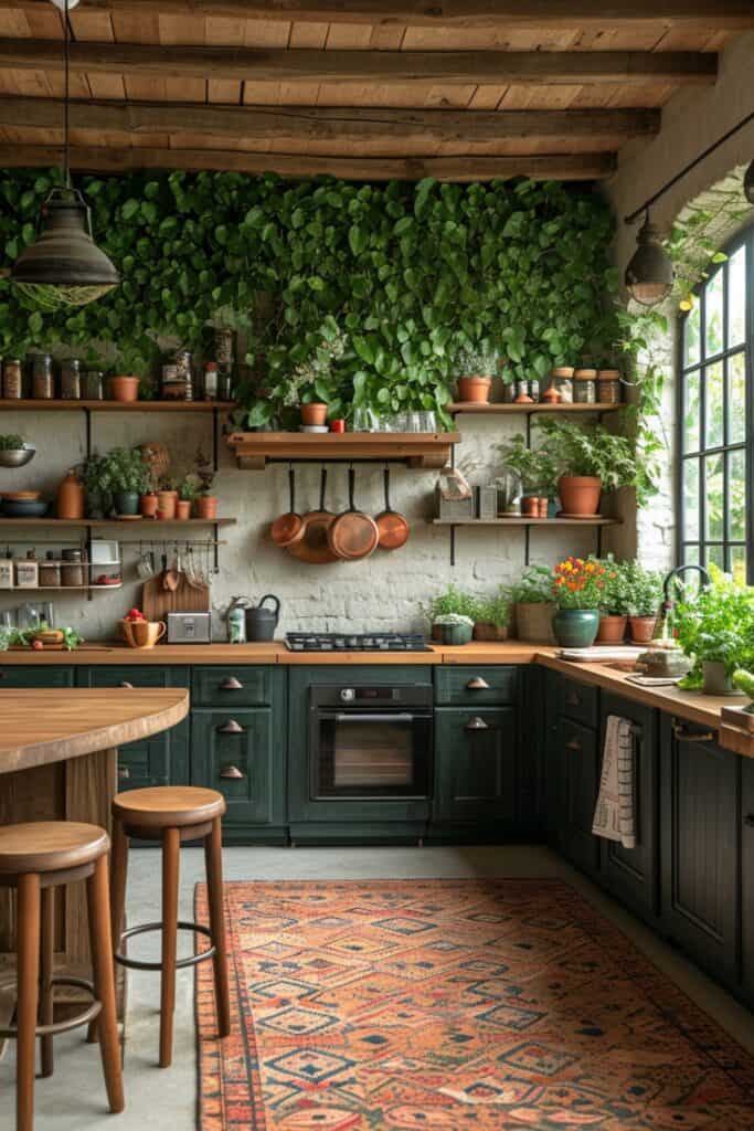 kitchen that embraces Biophilic Bliss. Picture a kitchen bringing the beauty of the outdoors inside with elements like living walls, vibrant potted plants, and wooden accents. This kitchen should create a calming and refreshing ambiance, making it a serene space to cook and relax in. The trend focuses on embracing nature and its positive effects on wellbeing, with the kitchen reflecting a harmonious blend of natural elements and greenery