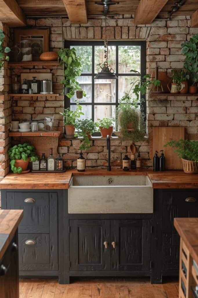 kitchen showcasing Earthy Elegance. Visualize a space with harmonious terracotta tiles and exposed brick accents, creating a warm, welcoming atmosphere. Centered in this design is handcrafted wooden cabinetry, adding a rustic charm and embodying sustainable materials. Enhance this natural vibe with vibrant greenery, indoor plants, and herbs, introducing a fresh, organic feel. This scene should capture the essence of biophilic design principles, blending natural elements like wood and brick seamlessly