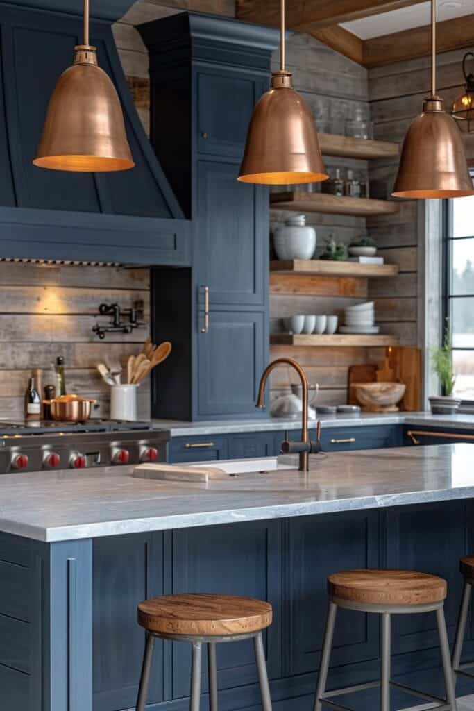 Coastal farmhouse kitchen with navy blue and white color scheme, copper pendant lights, and sea-themed decorations