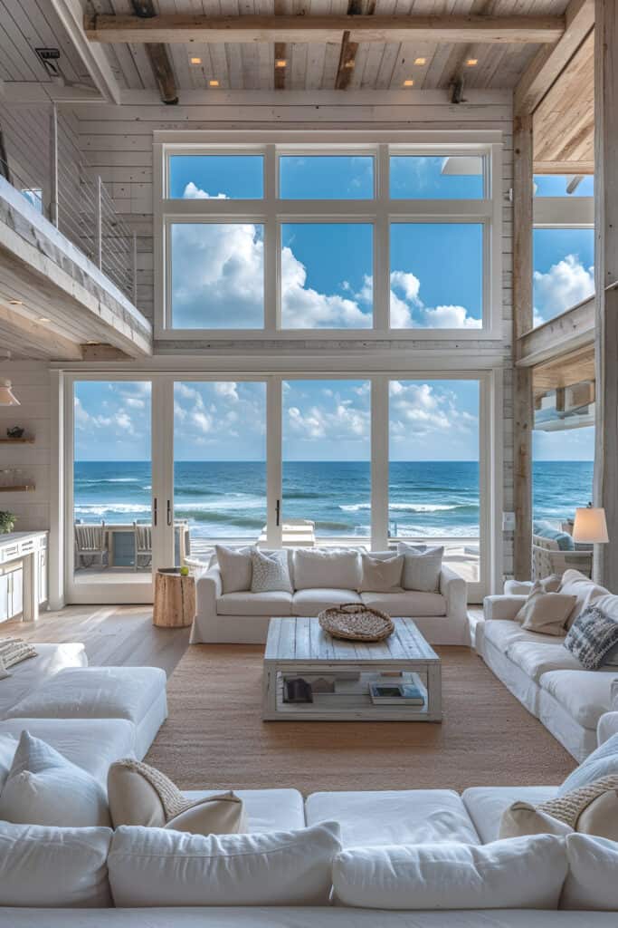 Modern beach house living room with nautical theme, blue and white color scheme, and ocean view