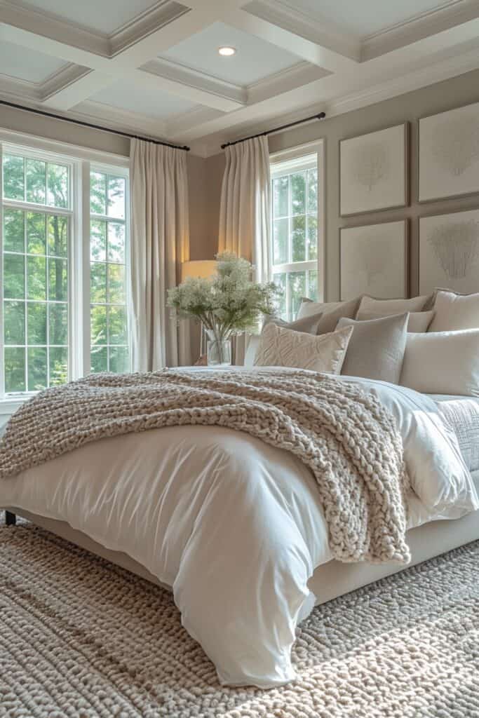 master bedroom with a neutral color palette including light taupes, greys, ivories, and linens crafted from a combination of black and white pigments. The room should be adaptable, coordinating seamlessly with changes in bedding, window treatments, and accent colors. Include clean contemporary whites and beiges to brighten the space