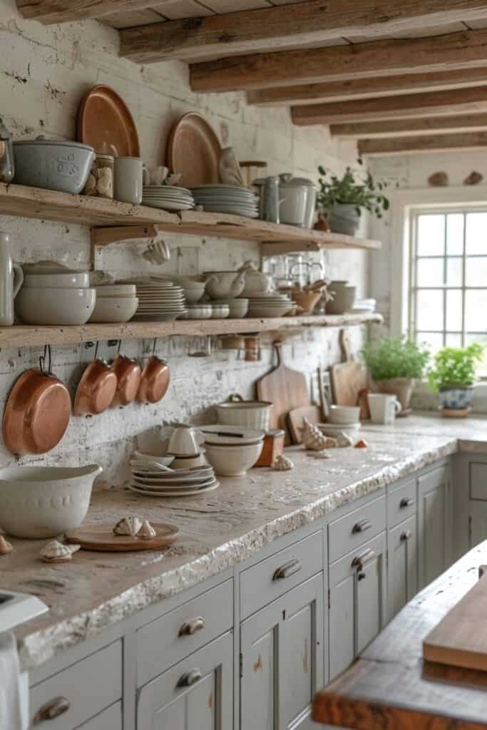 Coastal farmhouse kitchen with open shelving displaying seashells, beach finds, and white ceramic dishware