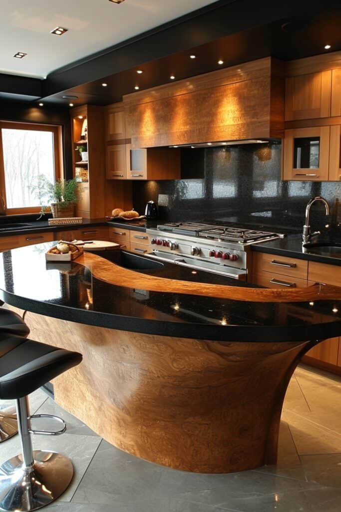 granite countertops with gently curved edges or a waterfall island with a smooth, sculpted silhouette. These flowing lines should create a serene and inviting atmosphere, offering a departure from typical sharp angles. The kitchen should appear as a tranquil retreat, blending culinary workspace with calming design elements