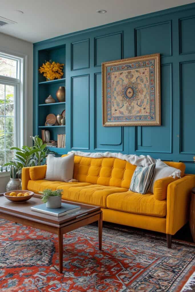 modern living room with a paint color feature wall. The wall should be lacquered in a saturated matte color like ink blue, mustard, blush pink, charcoal gray, or forest green from floor to ceiling. Contrast the statement wall with bright, neutral surroundings and hang vibrant artwork or decorative mirrors. Built-in shelving painted to match the wall should add continuity