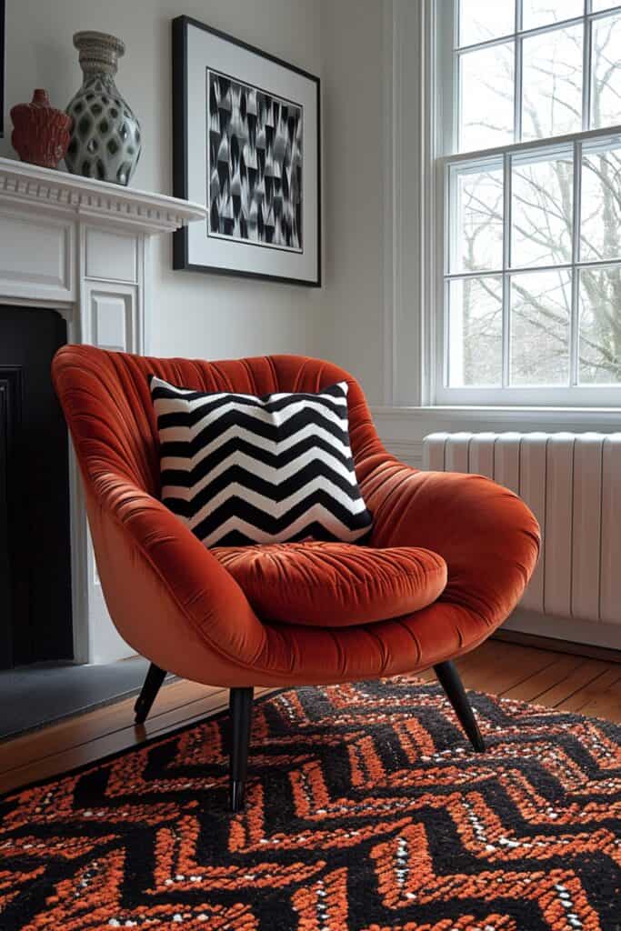 modern living room with punches of graphic motifs and patterns. Include an overdye rug with vivid zig-zags or tapered stripes, an abstract ceramic vase or velvet pillow with painterly splotches, an accent chair in black-and-white houndstooth linen, and geometric wallpaper as a feature wall or framing built-in shelves. The vibrant motif should pop against a clean and minimal backdrop
