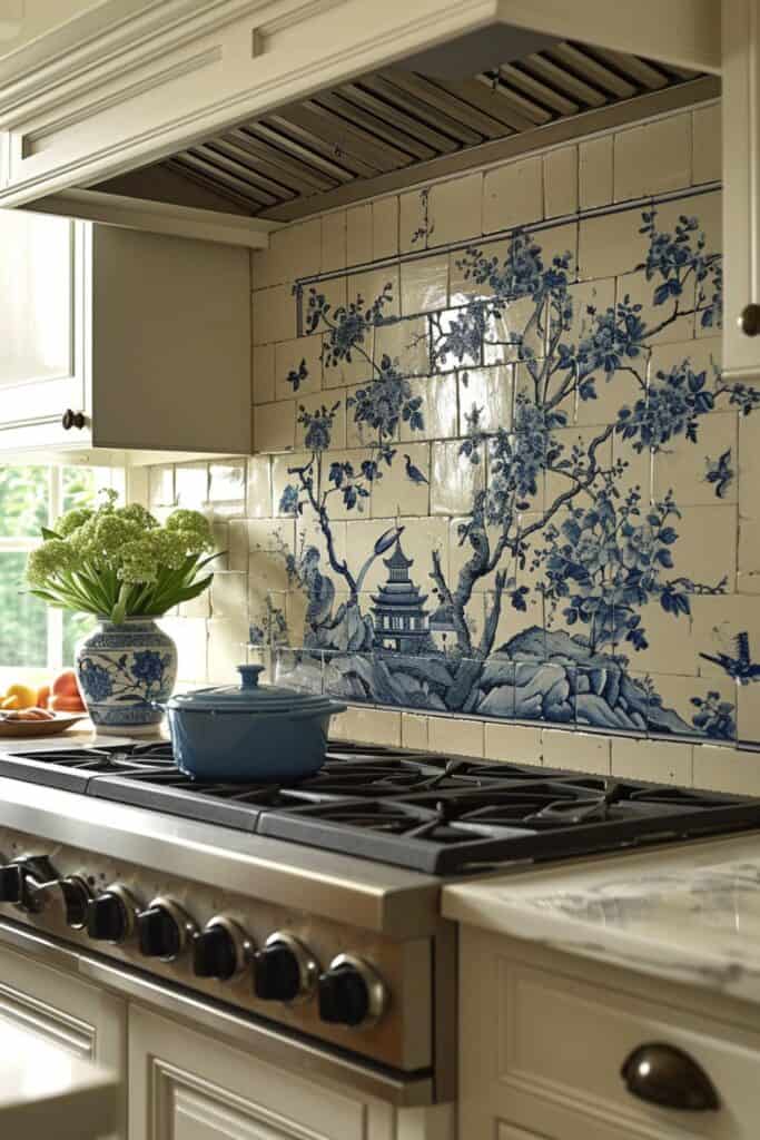 an elegant kitchen with Chinese blue and white porcelain tile designs, delicate motifs like dragons and lotus flowers, a classic and sophisticated look, harmonizing with modern kitchen aesthetics