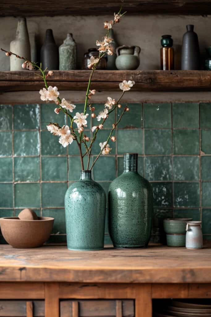 a serene, minimalist kitchen adorned with Korean celadon-style ceramic tiles, subtle green hues, elegant crackle glaze, simple yet graceful patterns, complementing a modern minimalist kitchen design with clean lines and muted colors