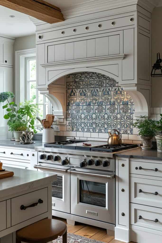 a classic kitchen with English Victorian-era inspired tiles, intricate patterns in muted colors, a timeless and elegant design, harmonizing with classic kitchen elements and antique decorations