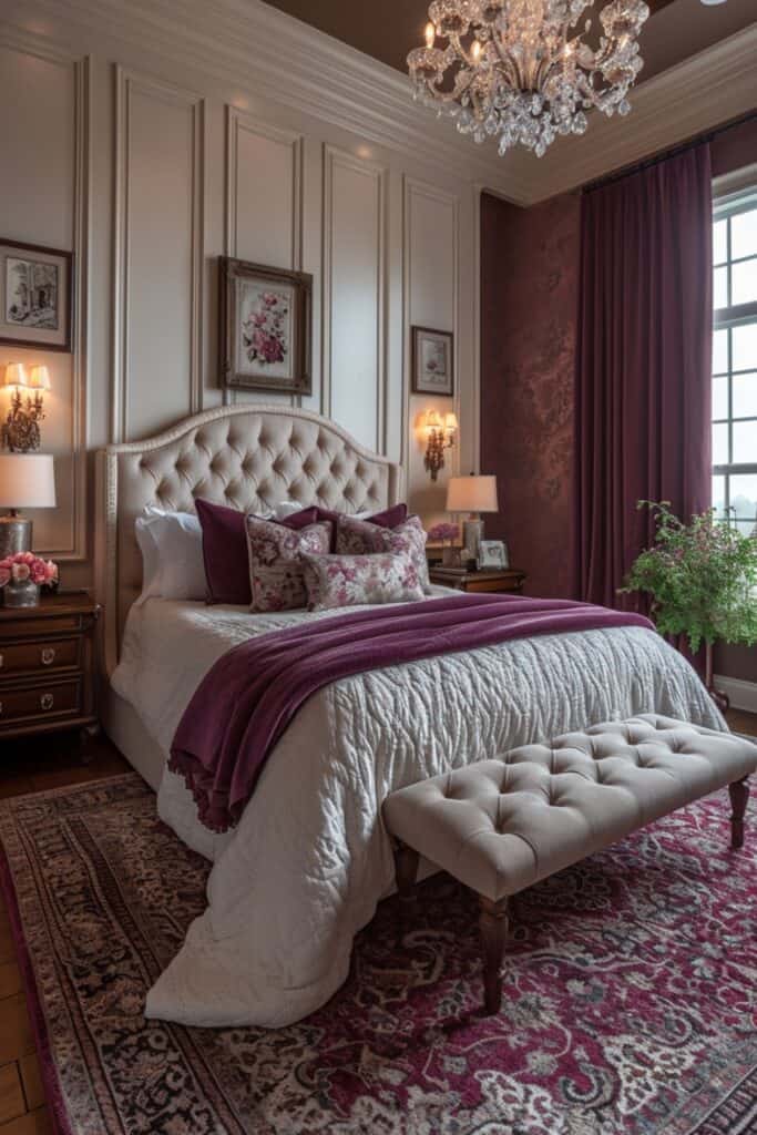 romantic master bedroom with custom draperies, a plush upholstered headboard, crystal chandelier lighting, and ornate antique-inspired furniture. Luxurious materials like velvet and silk in deep jewel tones, mirrored furniture, and metallic finishes. Include an oversized headboard, padded bench, opulent bedding, throw pillows in various shapes and sizes, a framed gallery wall with family photos, and potted flowering plants