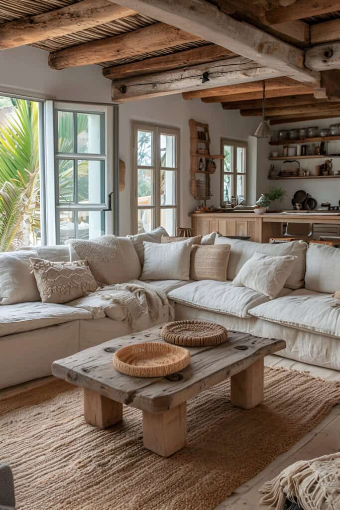 Rustic beach house living room with reclaimed wood furniture and seashell decorations.