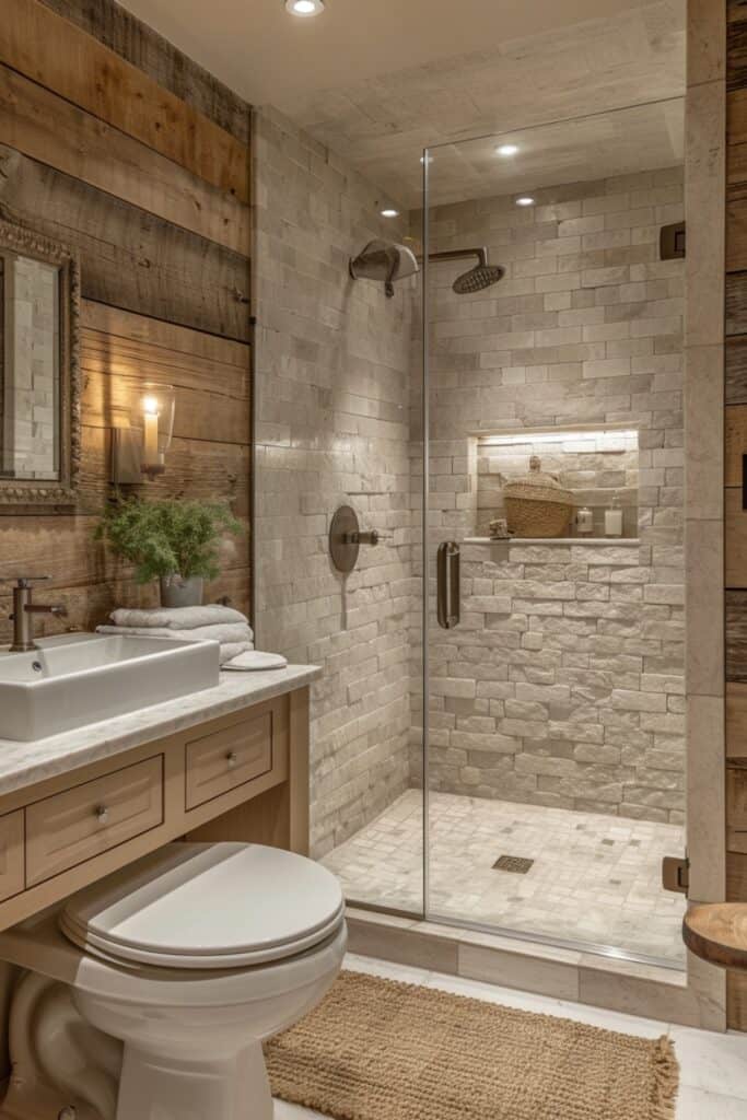 Rustic style walk-in shower in a small bathroom with wood accents and stone wall tiles