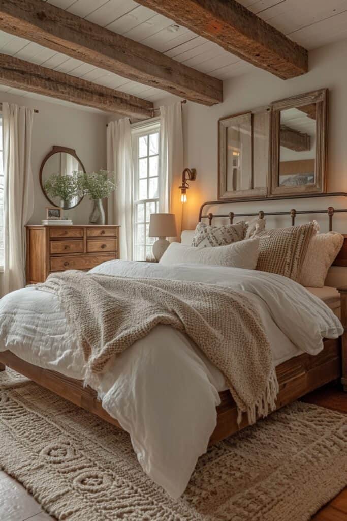 master bedroom with natural reclaimed wood furniture, distressed finishes, and vintage-style lighting. Include a wrought iron bed with a curving silhouette, solid wood nightstands, antique-looking mirrors above a reclaimed wood dresser, fluffy shag rugs, chunky handmade blankets on the bed, and pillows in muted solids and subtle prints. The color palette should be neutral with off-white, pale grey, and ecru paint colors, mixed with warm antique brass hardware and lighting