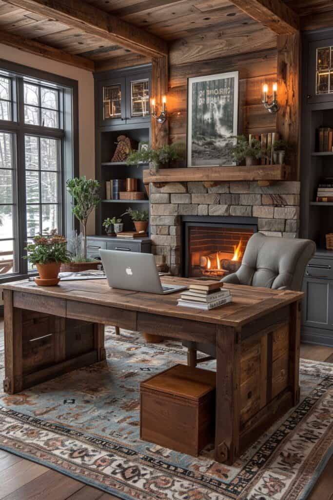 Rustic farmhouse home office with a reclaimed wood desk, cozy fireplace, and warm decor