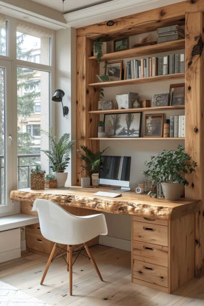 Scandinavian home office with a light wood desk, white chair, and minimalist decor