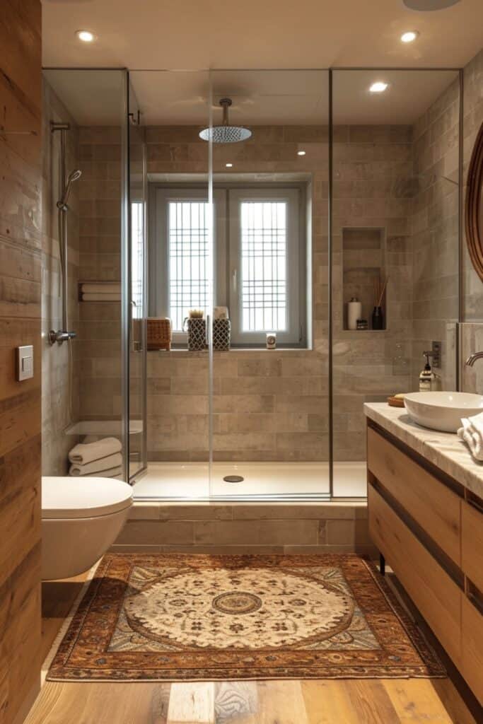 Scandinavian style small bathroom with a simple walk-in shower, wooden floor tiles, and neutral tones