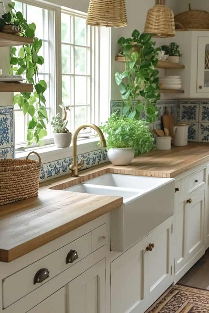 Coastal farmhouse kitchen with seagrass baskets, rattan pendant lights, and butcher block countertops