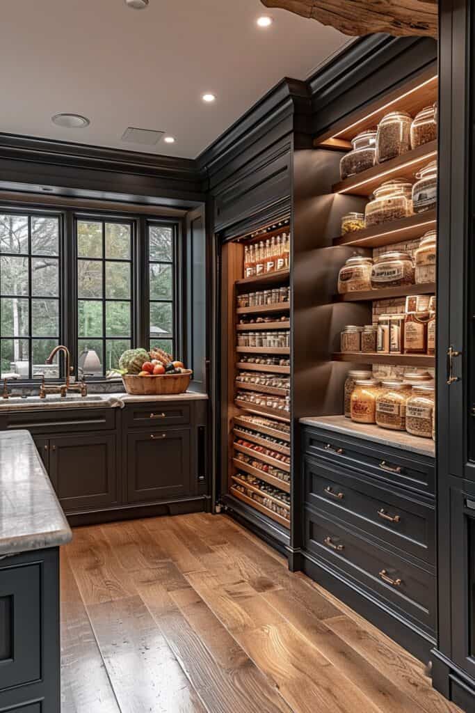 Hidden Gems Pantry in a kitchen, showcasing a seamless design where the pantry door perfectly blends with the cabinetry, revealing a spacious walk-in pantry with organized shelves and drawers. The image should capture the sleek, cohesive look that enhances kitchen functionality and aesthetic