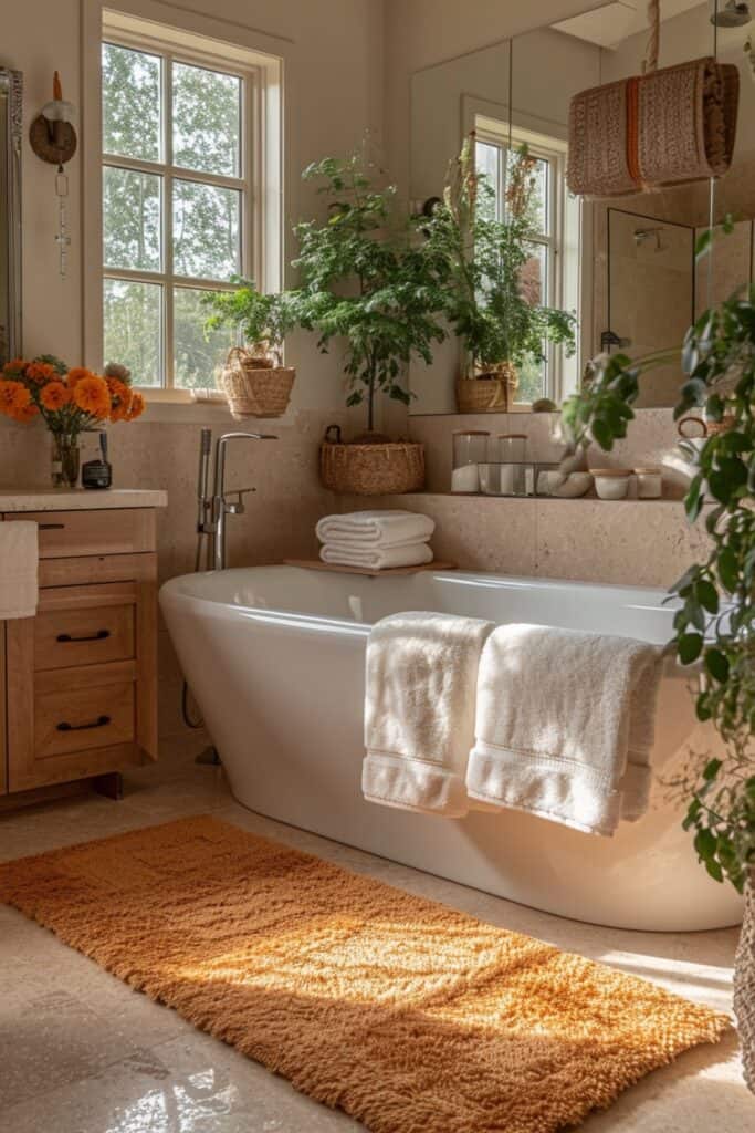 a bathroom that changes with the Seasonal Refresh theme. The image should show towels and bath mats in seasonal colors, festive decorations during holidays, and natural elements like seasonal flowers. The design should reflect the changing seasons, keeping the bathroom feeling fresh and contemporary, with decor that adapts to the time of year
