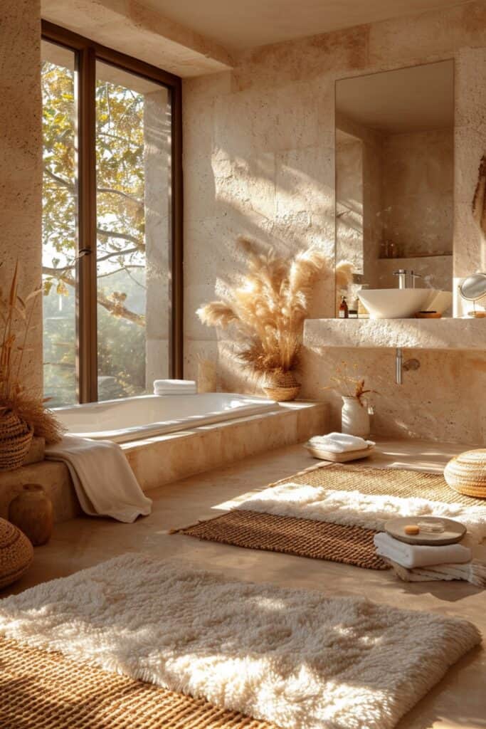 a bathroom transformed into a Sensory Spa Experience. The image should feature woven bamboo bath mats, fluffy towels in calming neutrals, and the air subtly perfumed with the scents of essential oils like lavender or eucalyptus. The space should evoke a sense of tranquility and peace, with elements that provide a tactile, luxurious experience and promote relaxation and stress relief. The color palette should be serene and visually soothing, creating a personal wellness retreat