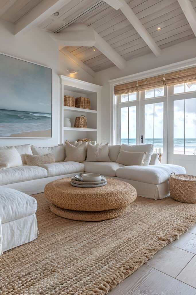Serene beach house living room with soft blue and sand tones and minimalist decor.