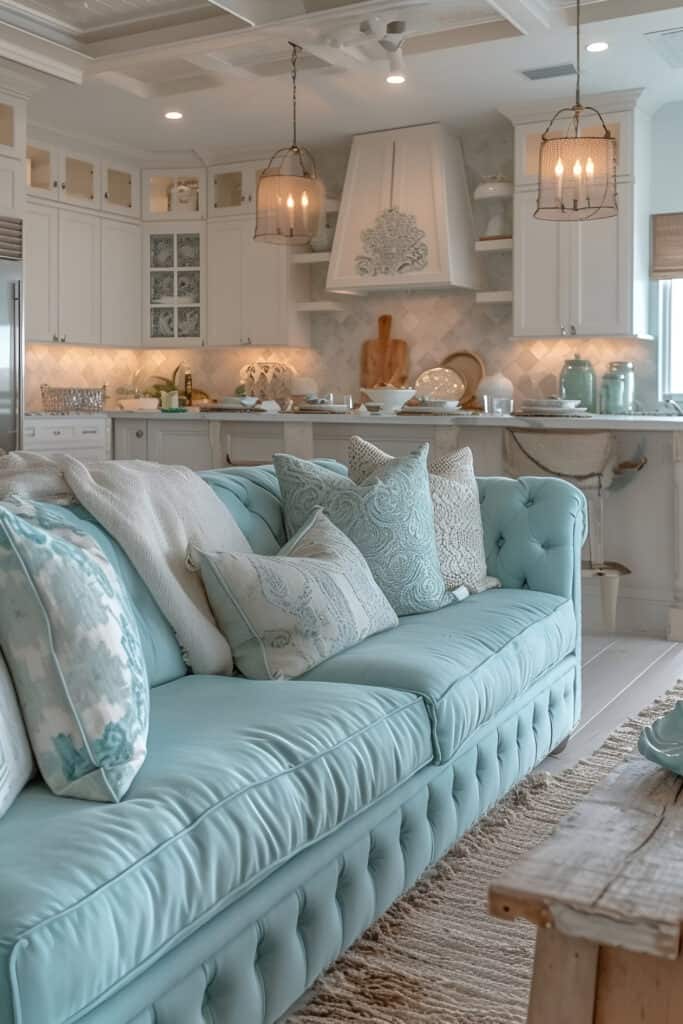 Shabby chic beach house living room with distressed furniture and soft pastel colors.
