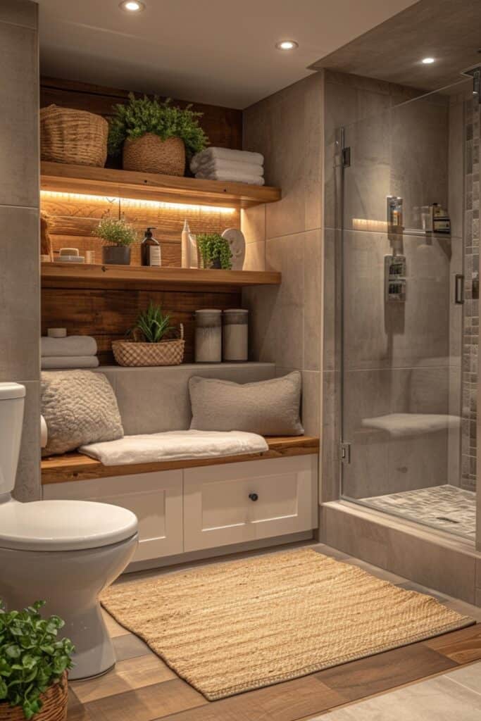 a bathroom with a transformed Shower Niche Nook, featuring floating shelves for toiletries, a built-in soap dish, and small potted plants for greenery. The design should optimize space, create a functional and aesthetically pleasing shower area with a spa-like atmosphere