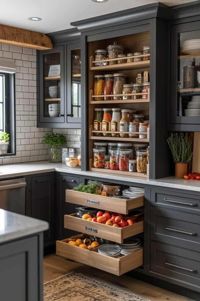 kitchen with Vertical Advantage. Visualize a kitchen utilizing vertical space, especially important in small kitchens. This trend includes installing floor-to-ceiling cabinets, creative use of hanging shelves, and built-in spice racks or magnetic knife strips. The kitchen should appear organized and functional, with a smart design maximizing storage and display space in a limited area