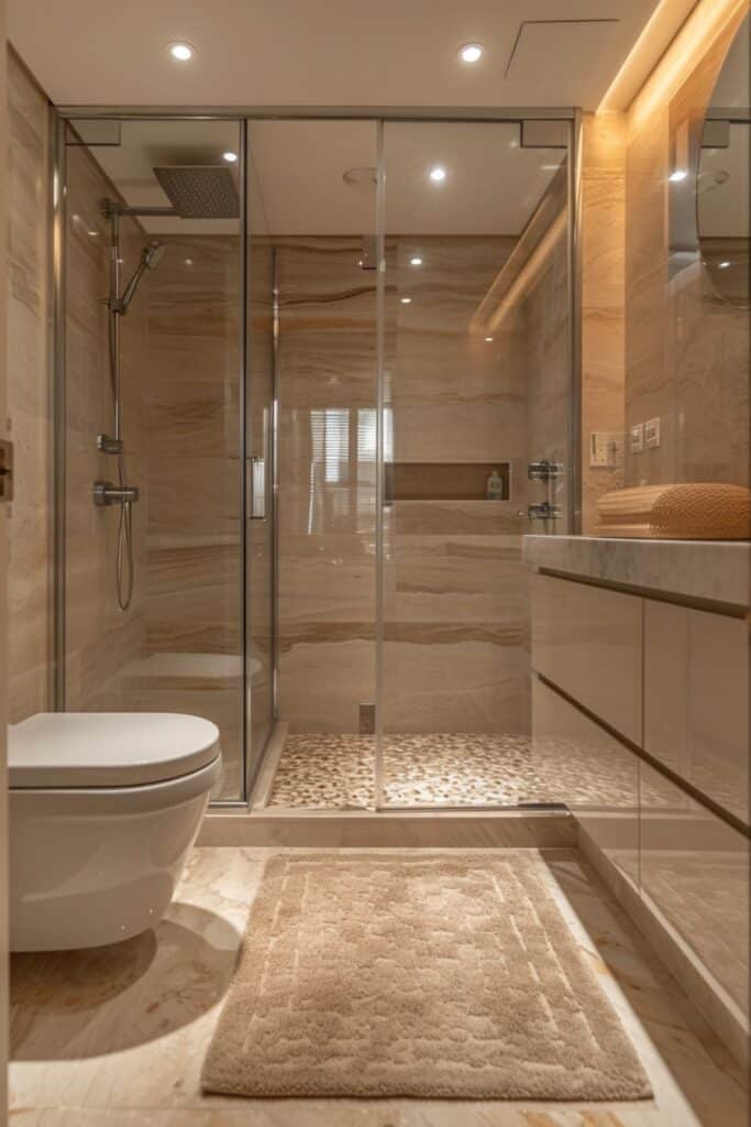 Sleek small bathroom with a glass-enclosed walk-in shower and mosaic floor tiles