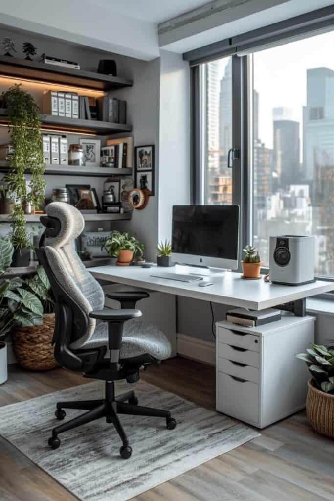 Sleek minimalist home office with a white desk, ergonomic chair, and a large window showcasing a city view